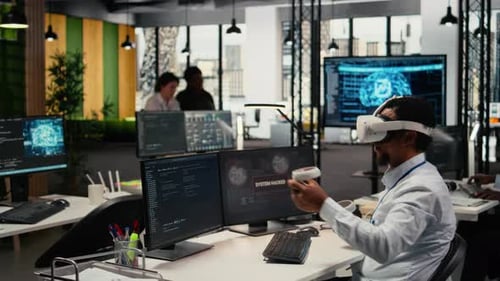 Programmer in Office Using Virtual Reality Tech to Fix Hacking Attempt