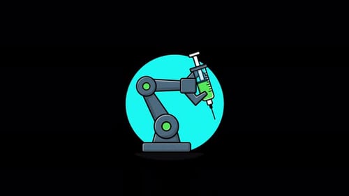 Roboterhand mit Injektion. Animationsvideo zum Konzept einer KI-Roboterchirurgie — transparent