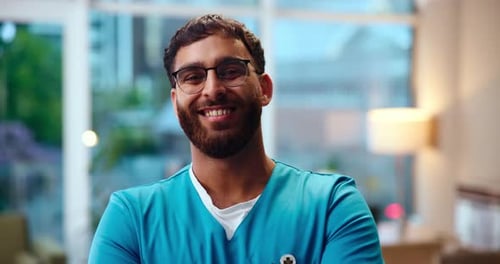 Man, face and nurse for service in clinic, healthcare insurance and medical student