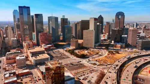 Dallas scenery on sunny daytime. Top view on the metropolis downtown with flat low-rise architecture