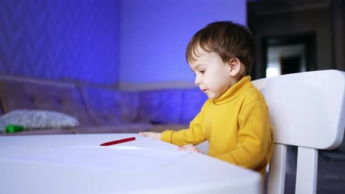 Child Drawing with Crayon at Table Indoors