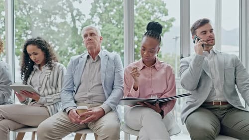 Office, business people and waiting room for hiring, recruitment and job opportunity