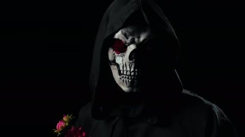 Skull Mask with Roses and Bouquet in Darkness