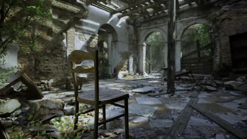 Old Broken Hall Illuminated Softly By Natural Light and Decay