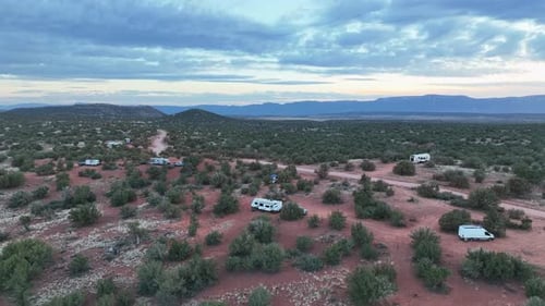 Campervans And RV's Parked At Dispersed Campground In Sedona, Arizona, USA.