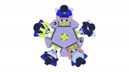 Hackathon programming group top view cartoon animation