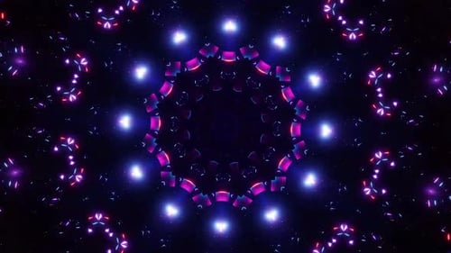 Vibrant kaleidoscope pattern with glowing red and purple lights