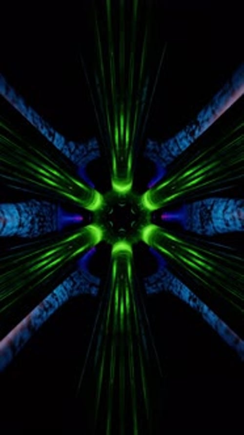 Black background with green and blue design in the center. Looped animation