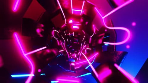 Neon light tunnel with pink and blue background. Infinitely looped animation
