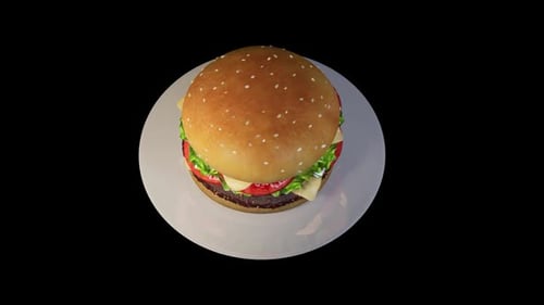 3D Animated Hamburger Rotation on White Plate