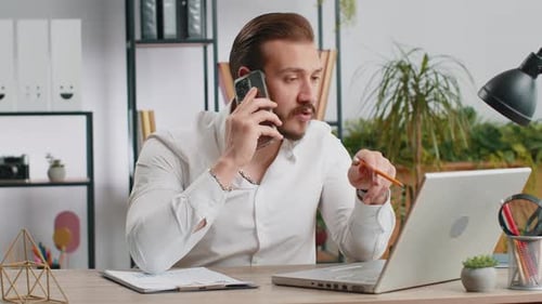 Angry Businessmanin Ceo Making Laptop Call Conversation at Home Office Quarrel Conflict Negotiation