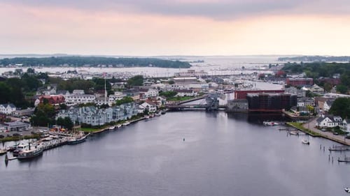 Mystic Connecticut Town Village Harbor at Sunset by Aerial Drone Aerial