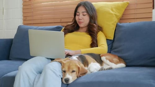 Auf dem Sofa zu Hause konzentriert sich eine lächelnde Frau auf ihren Laptop, während ihr Beagle-Hund neben ihr schläft