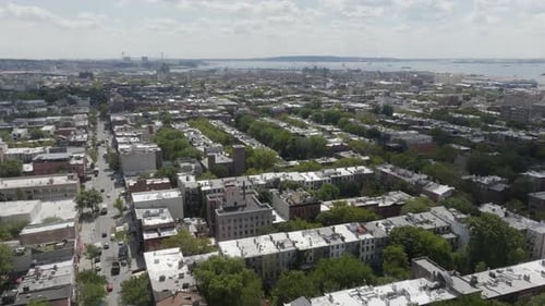 Aerial of the brownstones in the leafy neighborhood of Cobble Hill Brooklyn