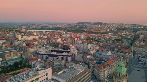 Aerial View City Sunrise with Red Roofs Architecture Peaceful Town in Evening