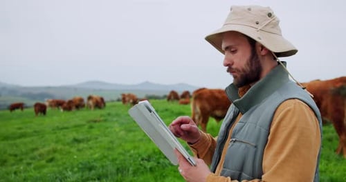 Countryside, cows and man with tablet, agriculture and scroll with sustainability