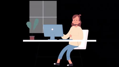 Businesswoman Sitting At Desk Working On Laptop Cartoon Animation On Alpha Channel
