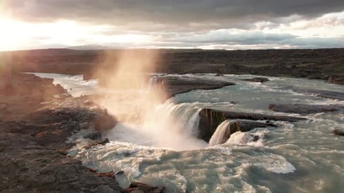 Iceland Aerial Waterfall Hrafnabjargafoss Incredible Fly Over Warm Sunlit Mist.