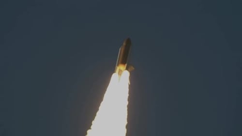 Space Shuttle Rocket Launching with Powerful Flames into Sky