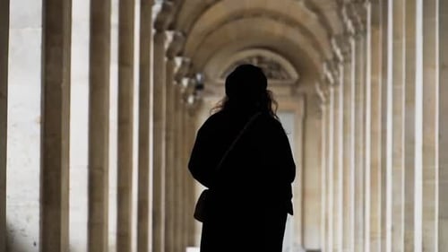Vista traseira de uma mulher andando no corredor do pátio interno do Museu do Louvre, Paris, França. Mídia