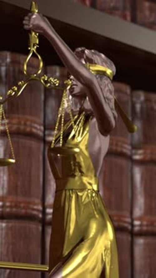 Blindfolded Lady Justice statue holding golden scales in courthouse setting.