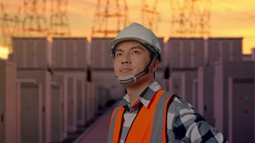 Side View Of Asian Male Engineer Looking Around With Arms Akimbo with High Voltage Power