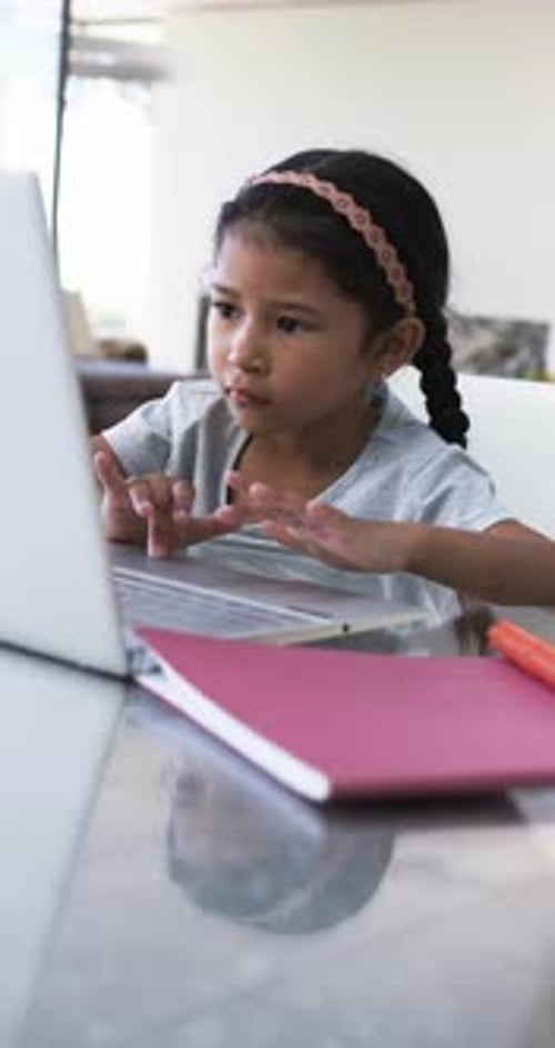 Vertical video: Girl using laptop and writing in notebook, studying at home