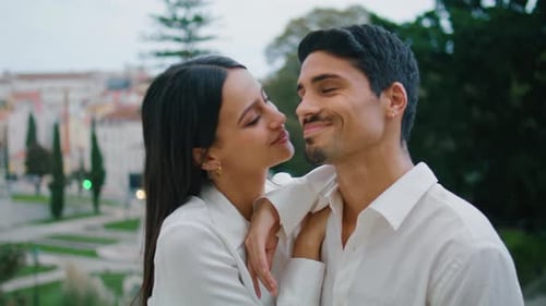 Affectionate People Hugging on Romantic Dating in Park. Close Up Hispanic Woman