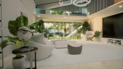 Modern White Interior With Beautiful Backyard View. Home Living Room Design