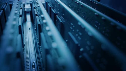 Nahaufnahme bewegter Makroaufnahme: Innenseite des Computergehäuses. Die Kamera bewegt sich über das PCB-Motherboard und zeigt