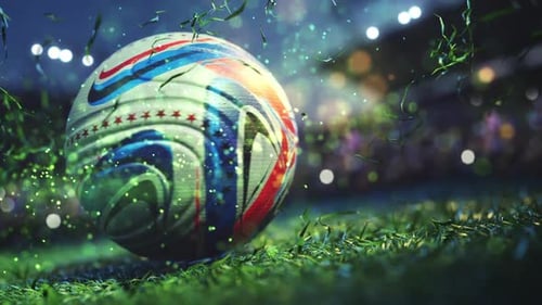 Soccer ball with stars on stadium grass.