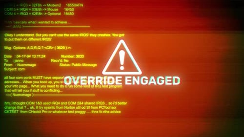 Override Engaged On Hacking & Error Message Digital Screen Message On Computer Screens