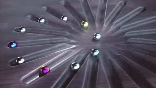 Elegant 3D Animation with a Radial Dispersion of Chrome Spheres on a Dark Wood Surface Emphasizing