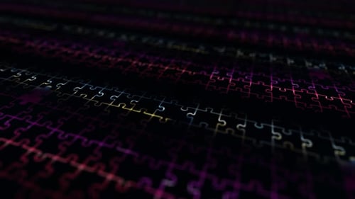 3d Animation Of Jigsaw Puzzle Problem Solved Concept. Jigsaw Puzzle Animation With Neon Effects Back