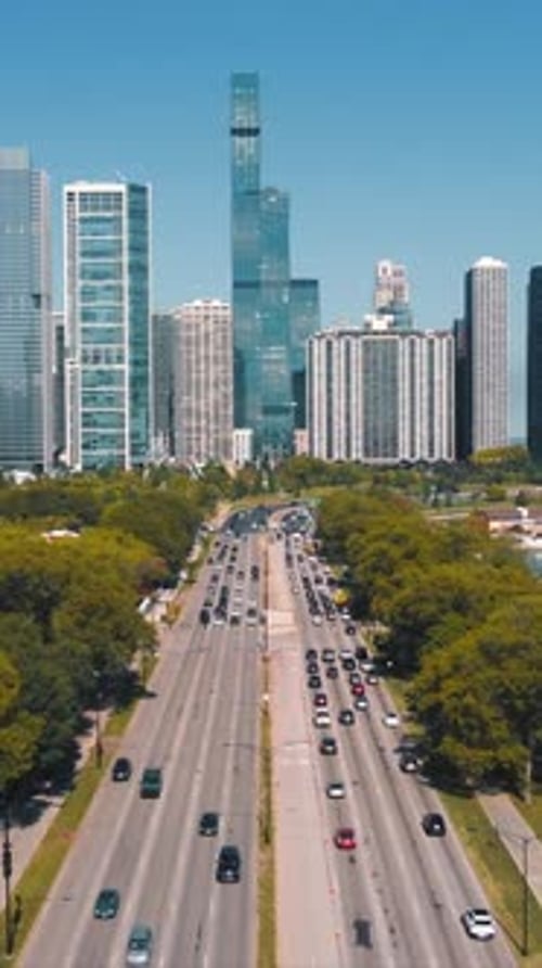 Scenic View of Chicago Lakefront S Dusable Lk Shr Dr The Central Highway is Loaded with Traffic