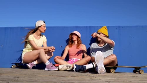 Friends relaxing together at skate park on sunny day