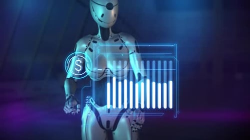Ein Android überwacht Dollarkurse auf einem virtuellen Panel