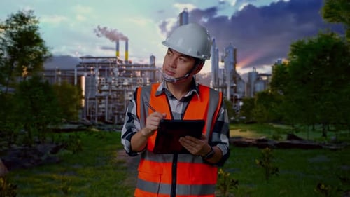 Asian Male Engineer Taking Note On The Tablet In Front Of Oil Refinery