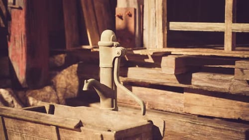 Rustic Water Pump Near Wooden Structures in a Scenic Countryside Setting