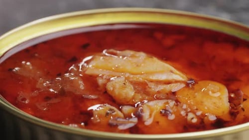 Opening Canned Octopus Squid Fish Can Man Open the Canned Seafood on the Table Close Up on