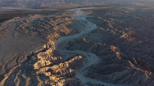 Desert Badlands Canyon with Rugged Rock Formations, Aerial
