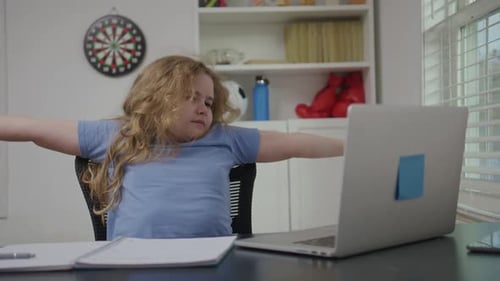 Bored Study Kid Bored with Virtual Course Bored Study Schoolchild Studying Without Energy Bored