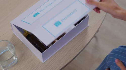 Woman Opens Pharmacy Box with Pills and Medicine