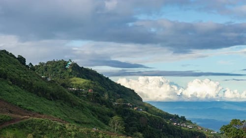 Timelapse fog on mountain and cloudy sky landscape, beautiful nature of forest and mountains