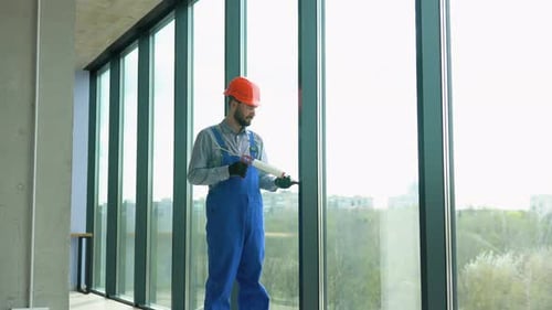 A Repairman in Uniform Installs Pvc Windows in New Office