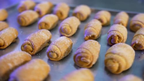 Sweet delicious freshly baked croissants sprinkled with sugar are on the tray.