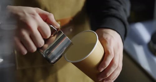 Barista Pouring Strong Coffee Into Cardboard Cup Cooking Americano Take Away In Restaurant Closeup