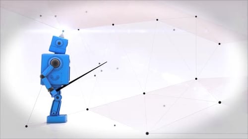 Cute Blue Robot Presenting with Pointer and Network