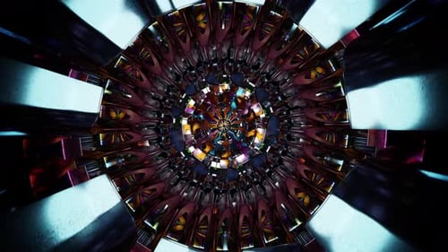 Futuristic circular mandala with layered metallic rings and luminous geometric symmetry, vibrant