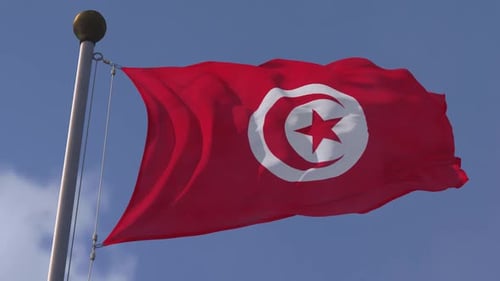 Tunisia National Flag Waving in Blue Sky